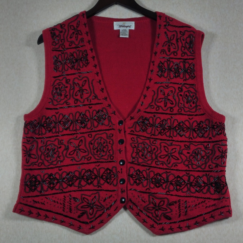 Worthington Beaded Floral Knit Sweater Vest Size Large Ramie Cotton Whimsigoth